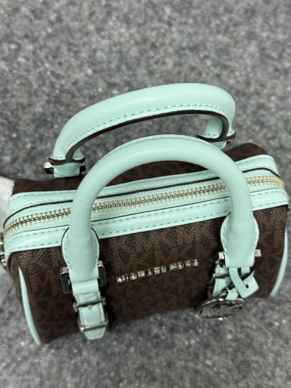 NWT Michael Kors Bedford Legacy XS Logo Duffle Crossbody Bag Brown/Aqua Blue 178 - Picture 8 of 16